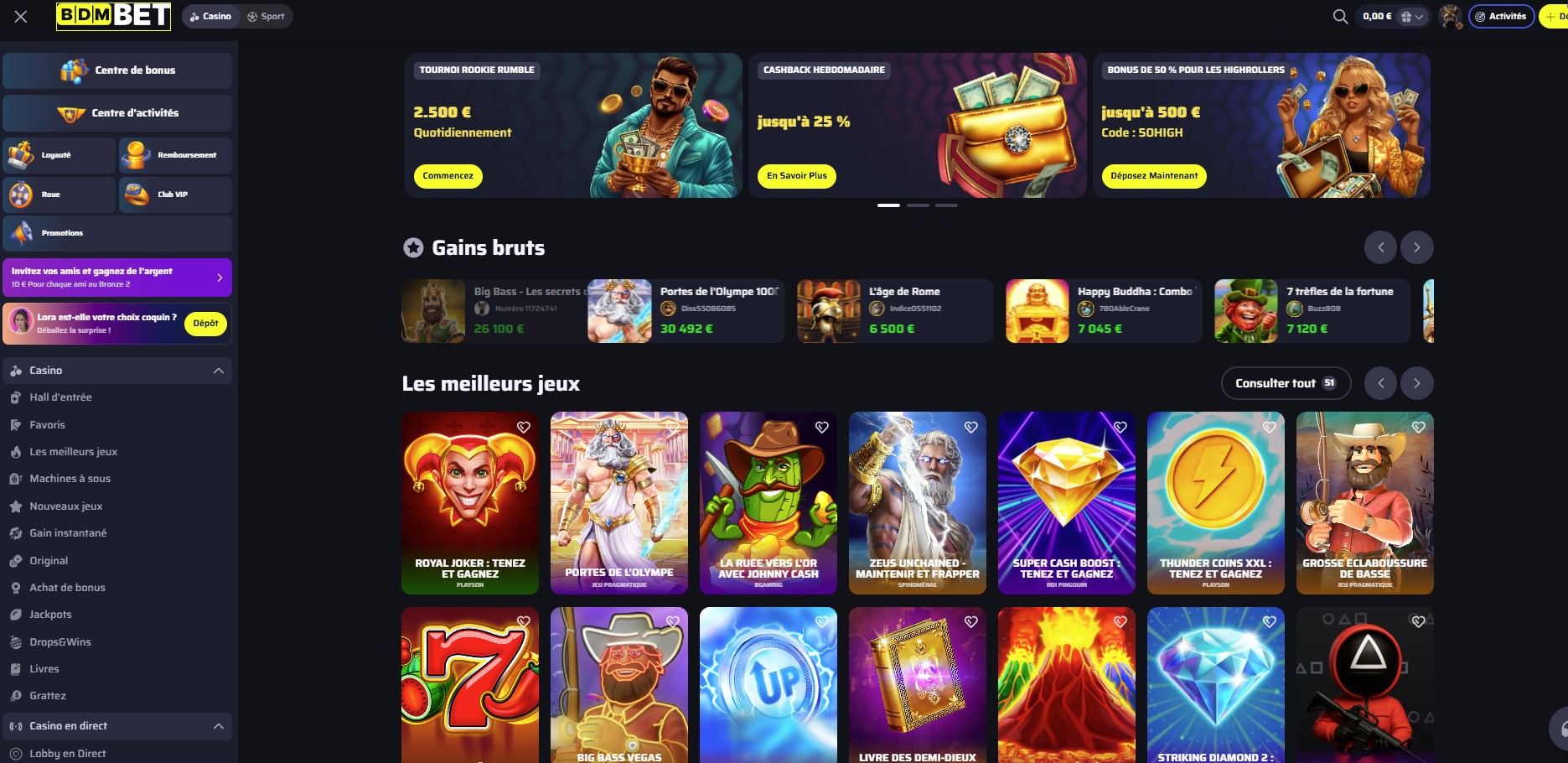 Interface d'accueil du BdmBet Casino pour les joueurs français en ligne.